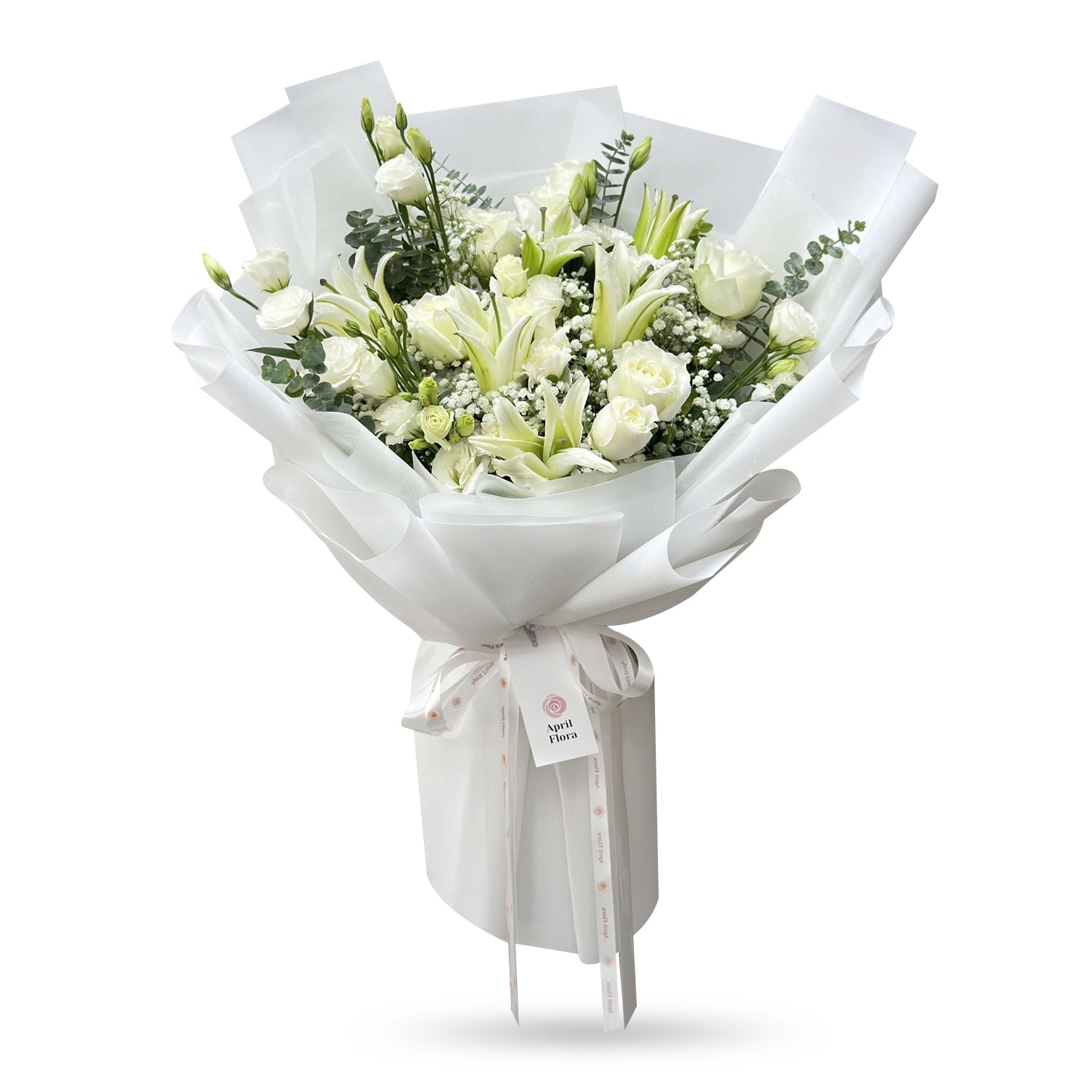 white lily and white rose bouquet Snow Bunny" Bouquet of White Lilies and White Roses – April Flora