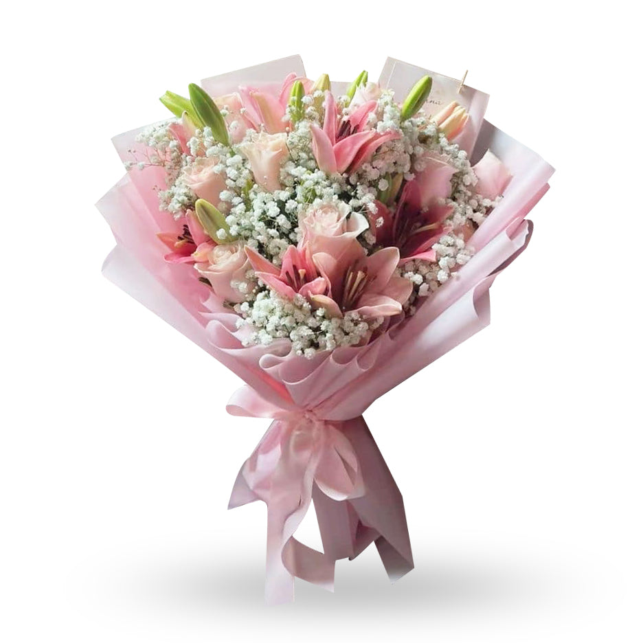white pink lily Softly Yours" Bouquet of Pink Lilies and Pink Roses – April Flora