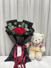 "All My Heart" Red Roses Bouquet and Teddy Bear with Maroon Shirt (H 40 CM)