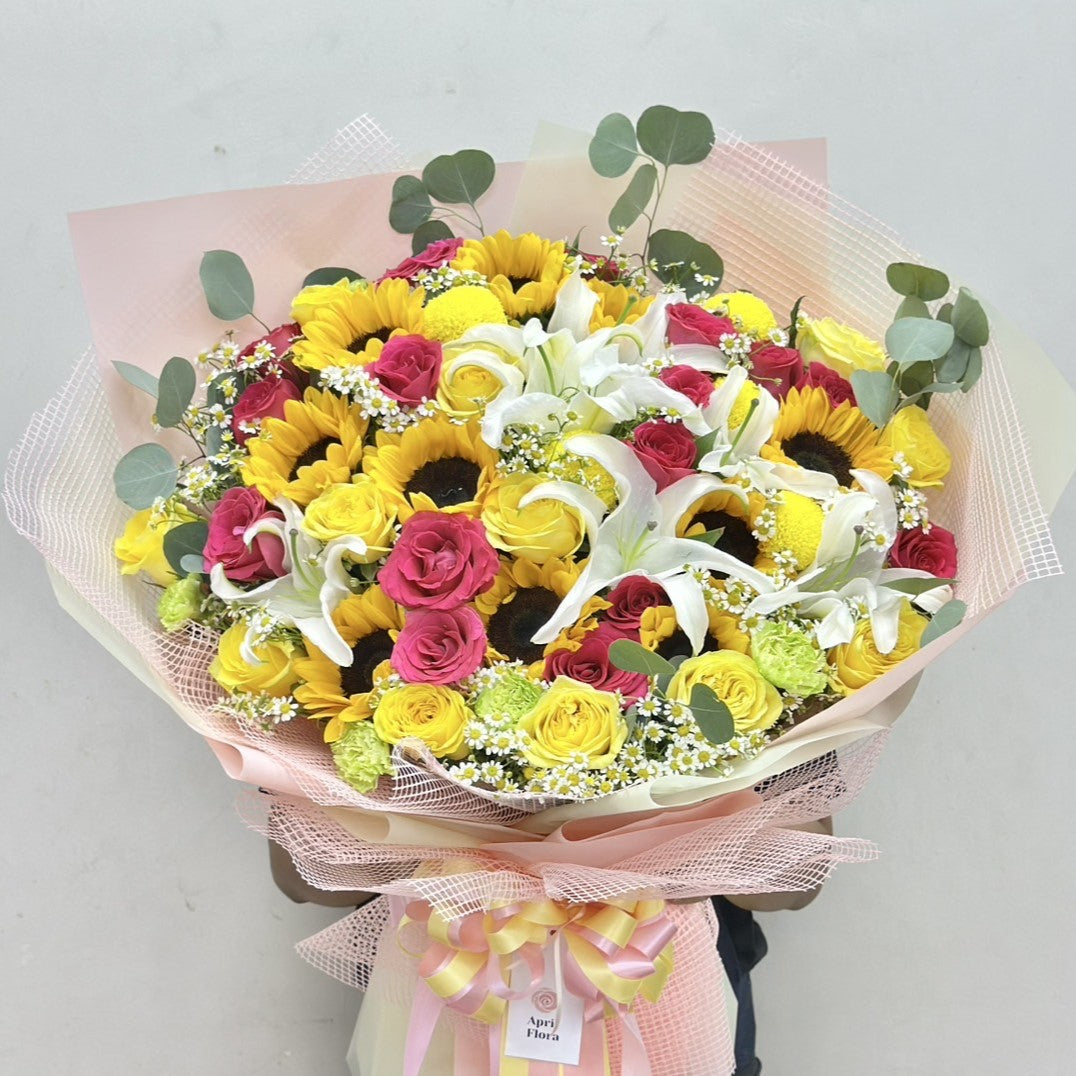 daisy lily flower Blooming Glow" Bouquet of Lily, Sunflower, Rose, Carnation and Daisy With Eucalyptus Leaves – April Flora