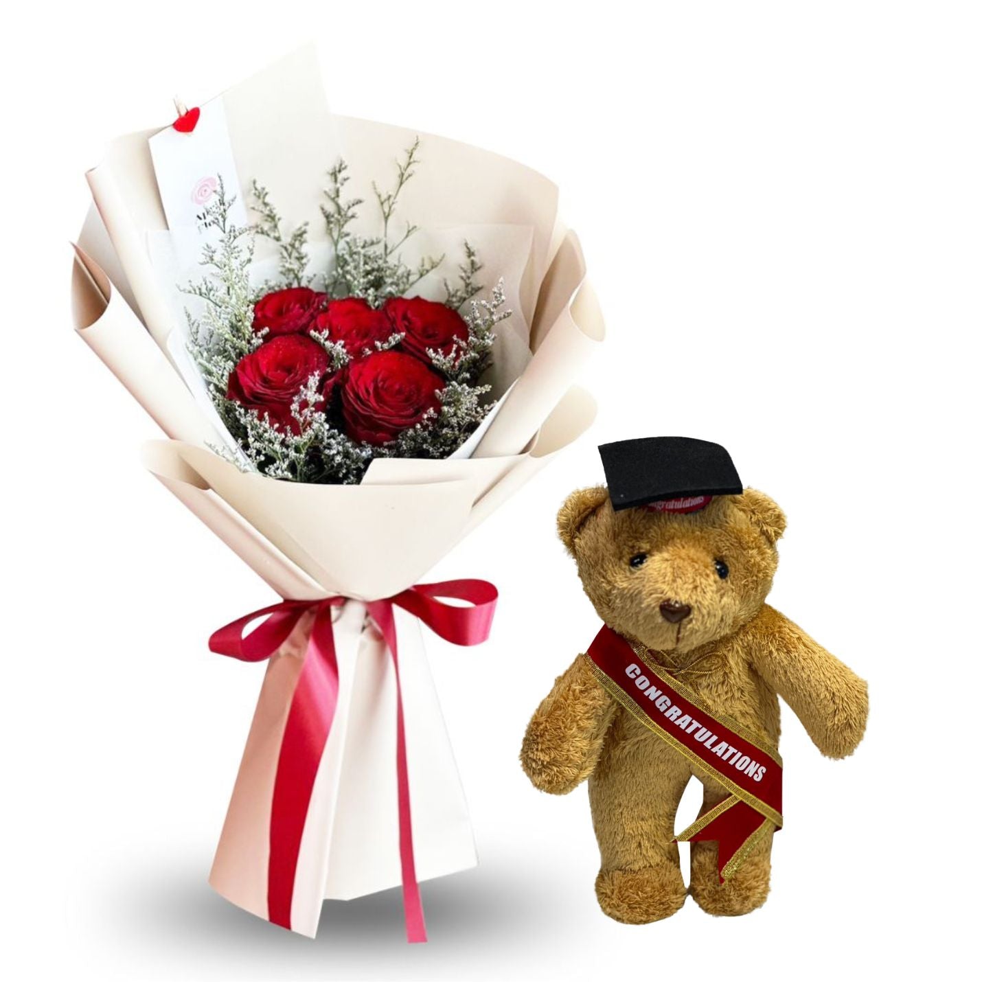 Bouquet Of 5 Roses With Graduation Teddy Bear