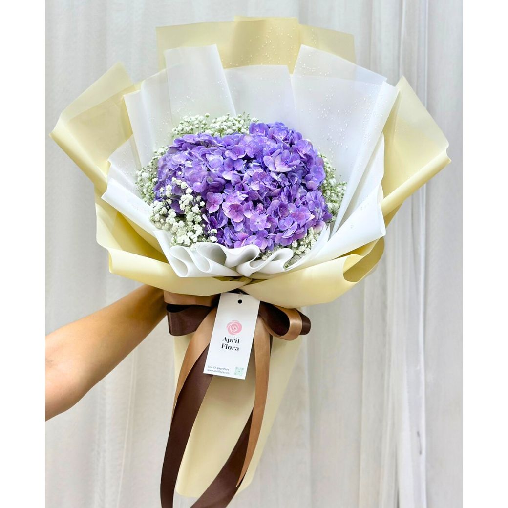 "Pastle Love" bouquet of purple hydrangea and white gypso