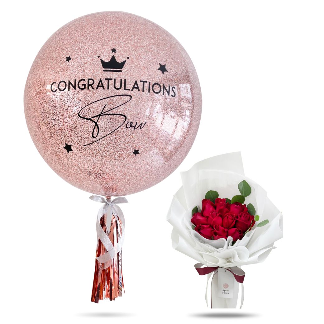 Bouquet Of 10 Roses And Pink Glitter Balloon