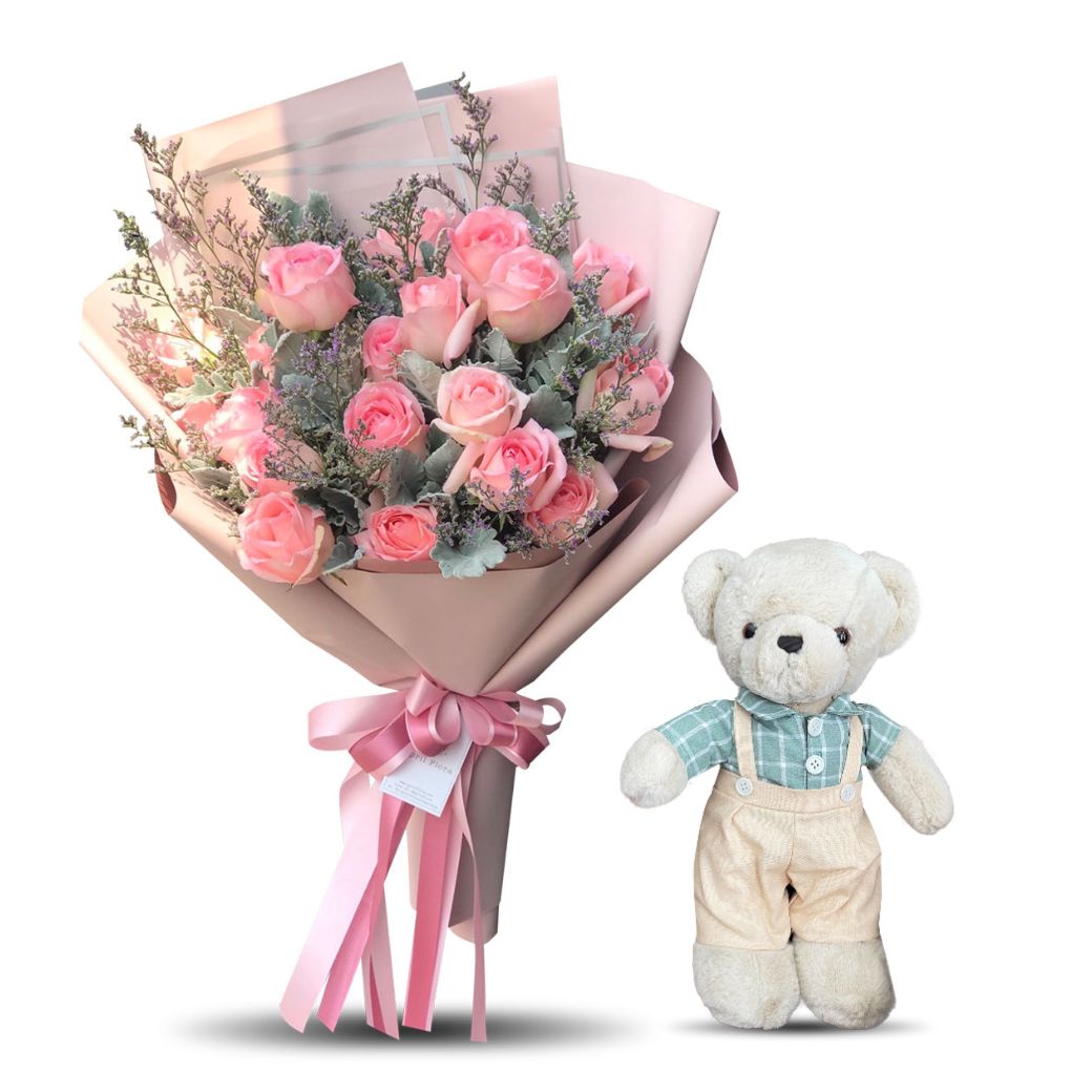 Bouquet Of Pink Roses With Caspia and Teddy Bear with Olive Shirt