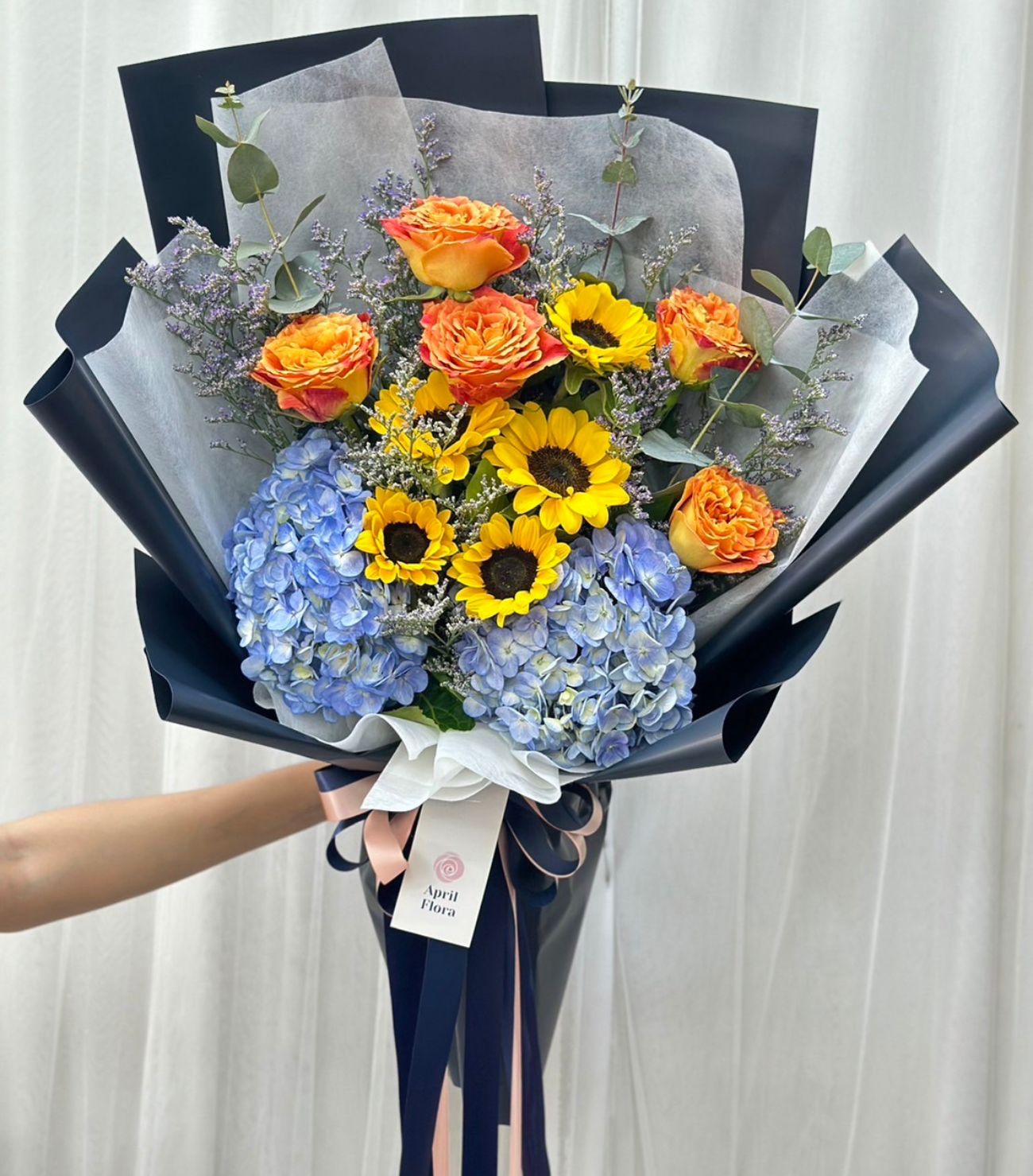 Art Bouquet With Sunflowers, Roses And Hydrangea