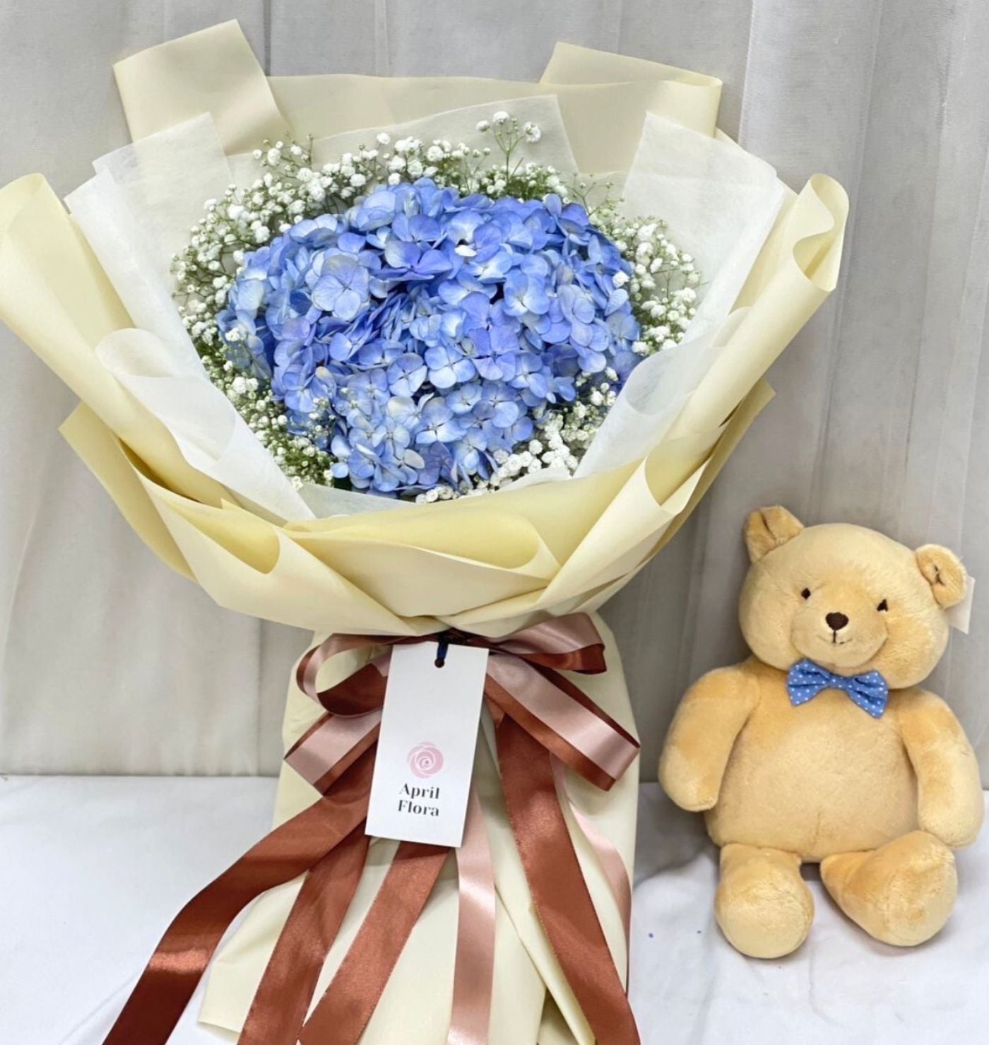 "Blue Love" bouquet of blue hydrangea & Teddy Bear with bow tie