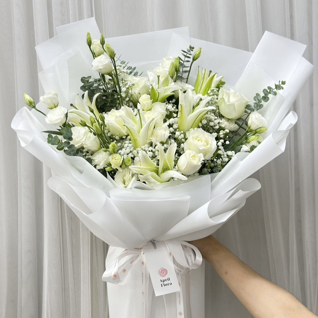 white lily floral arrangements Snow Bunny" Bouquet of White Lilies and White Roses – April Flora