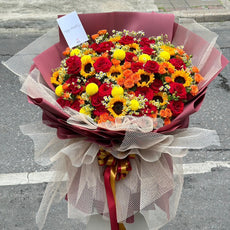 "Crazy in Love" Bouquet of Red and Orange Roses, Sunflowers, Chrysanthemum with Daisy