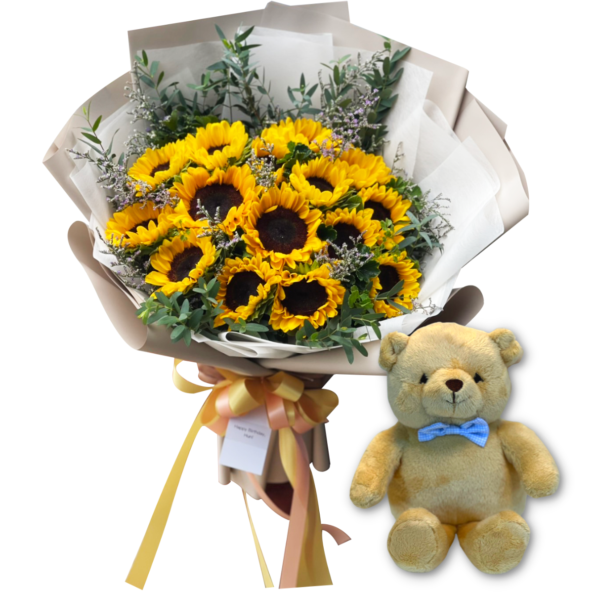 "Sun Shining" Bouquet Of Sunflowers and Teddy Bear with Bow Tie