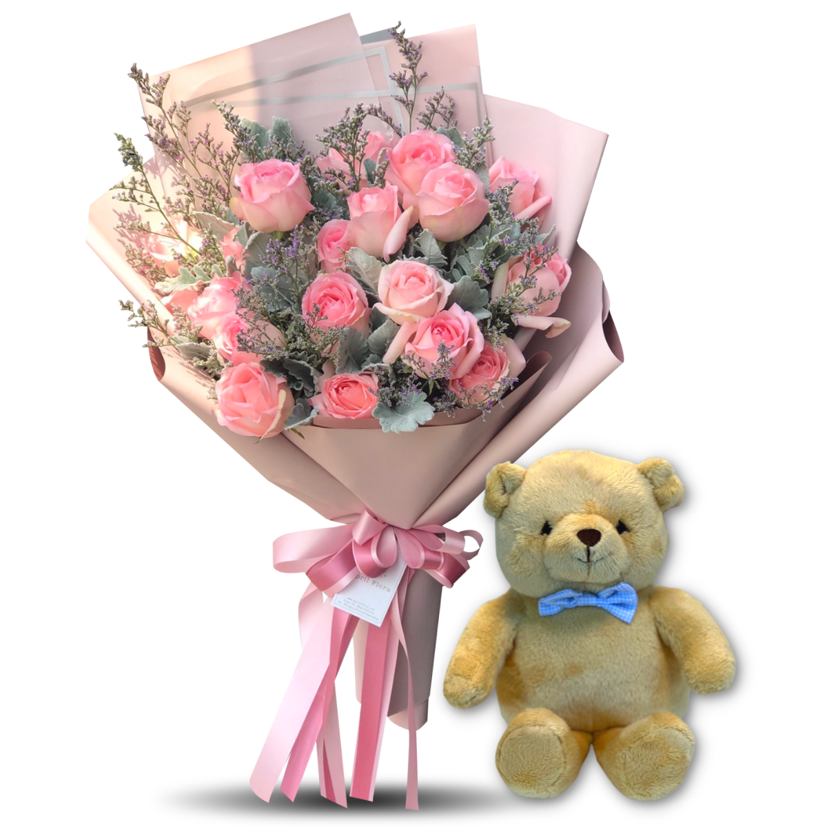 Bouquet Of Pink Roses With Caspia and Teddy Bear with Bow Tie