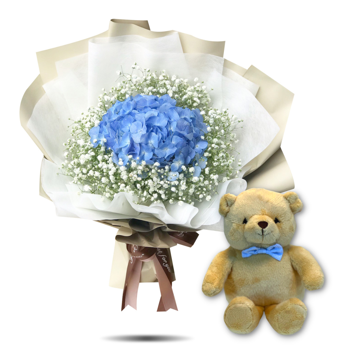 "Blue Love" bouquet of blue hydrangea & Teddy Bear with bow tie