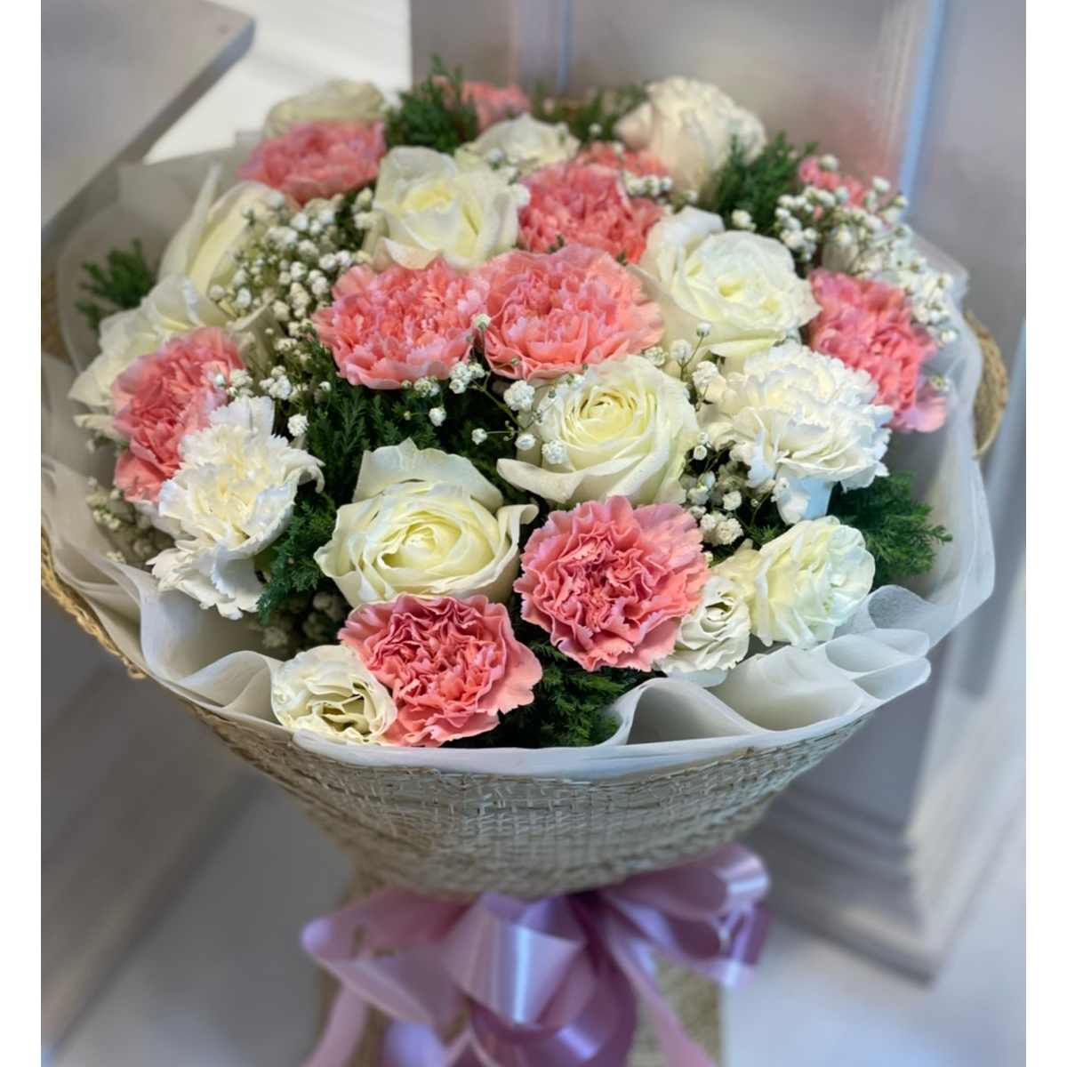 Girly Bouquet Of Roses, Carnation And Caspia - April Flora