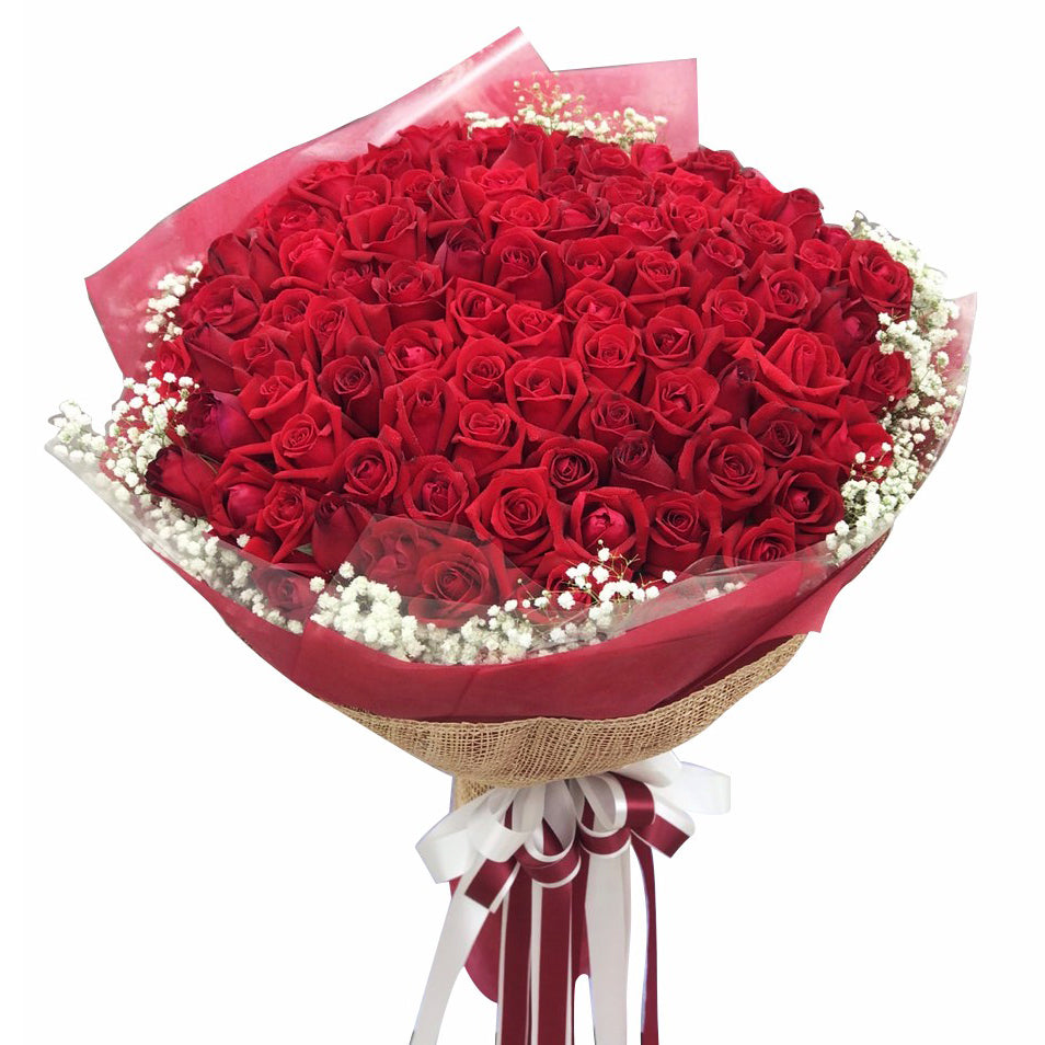 Bouquet 100 Roses Rouges 100 Red Roses Bouquet with gypsy – April Flora
