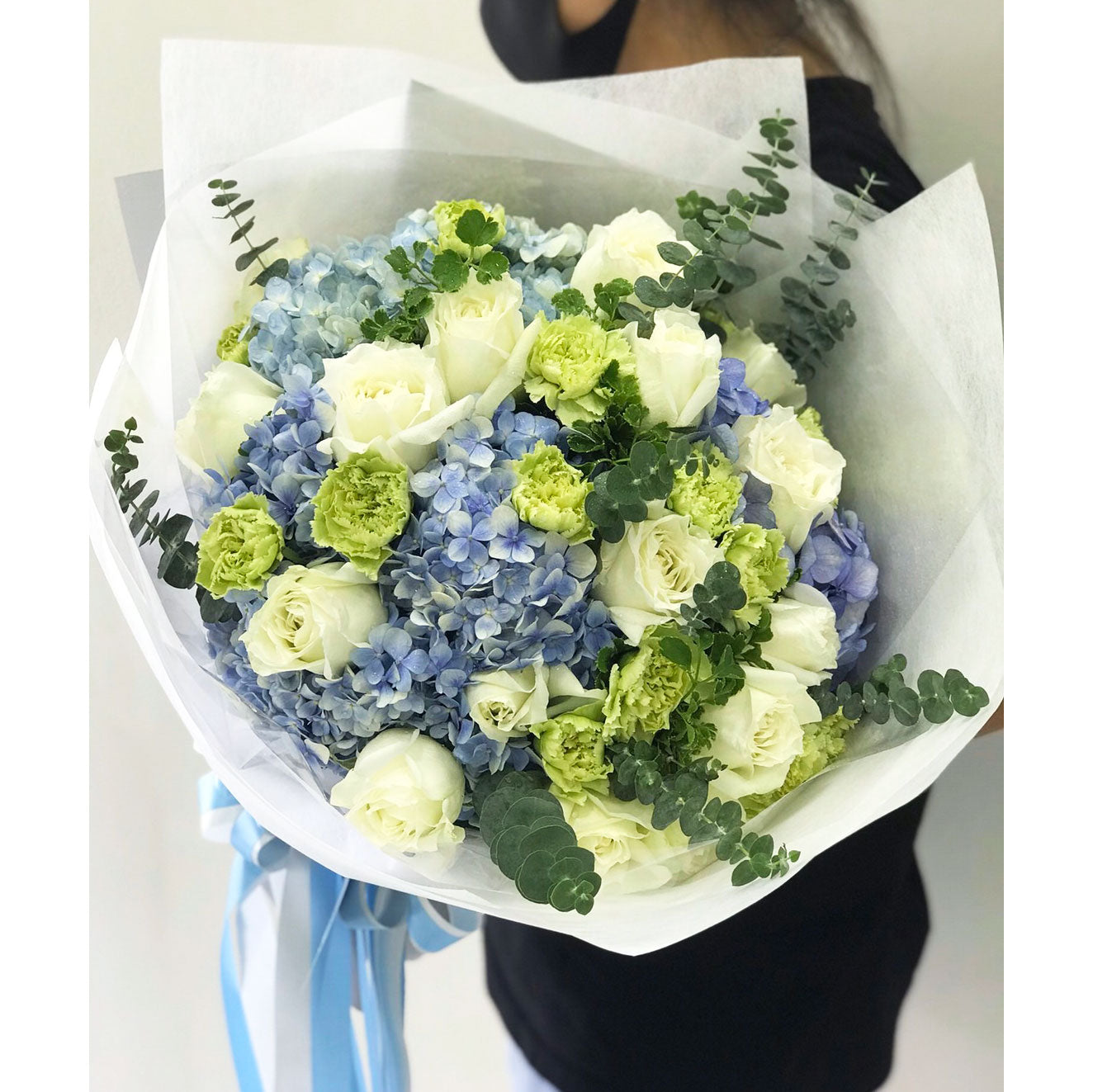 Classic mixed blue hydrangea with white roses