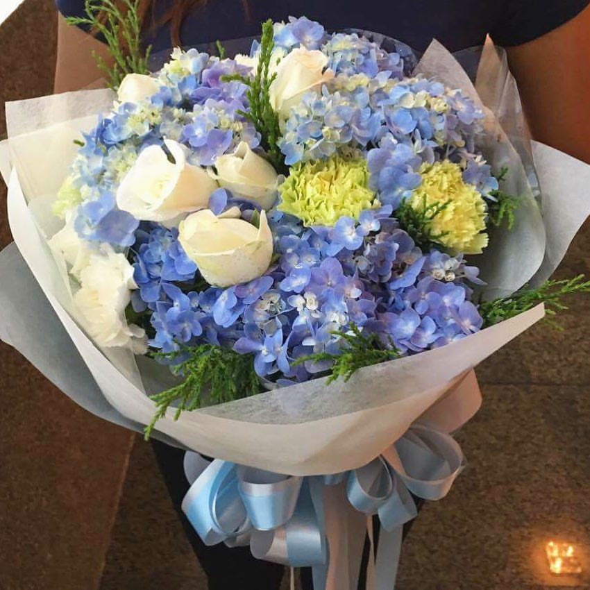"Shades Of Blue" Bouquet With Roses, Hydrangea And Carnation - April Flora